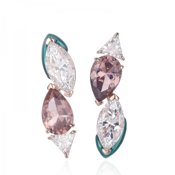 Pear Shape Morganite Nano And Marquise White Cubic Zircon Rose Gold Plating Silver Earring With Green Enamel 