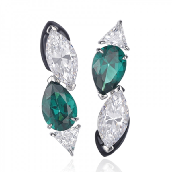 Pear Shape Morganite Nano And Marquise White Cubic Zircon Rose Gold Plating Silver Earring With Green Enamel 