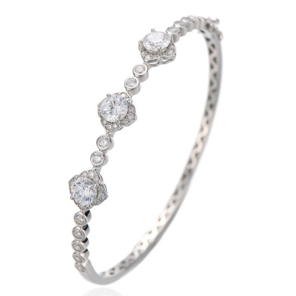 Round Diamond Pink Cubic Zircon Rhodium Silver Bangle 