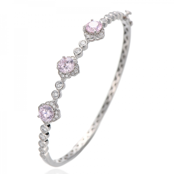 Round Diamond Pink Cubic Zircon Rhodium Silver Bangle 