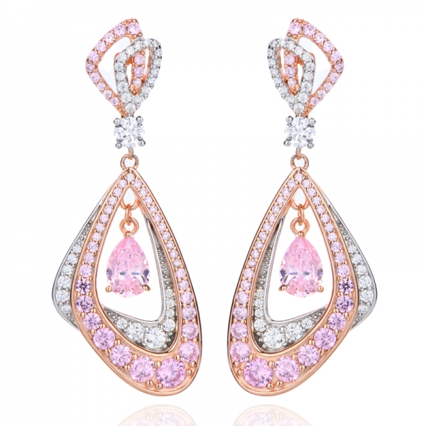 Pear Shape Coffee And Round White Cubic Zircon Silver Earring With Rhodium And Black Gold Plating 