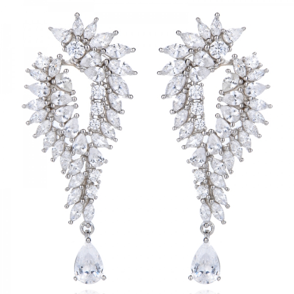 Pear Shape Green Nano And Marquise White Cubic Zircon Rhodium Plating Silver Earring 