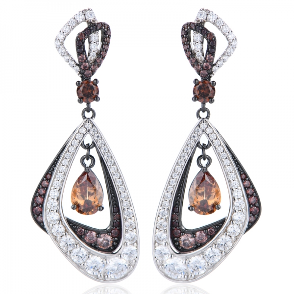 Pear Shape Coffee And Round White Cubic Zircon Silver Earring With Rhodium And Black Gold Plating 