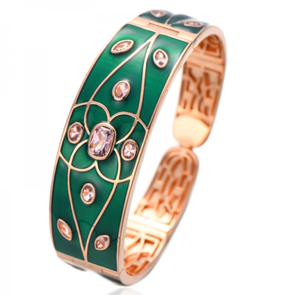 Cushion And Oval Shape Morganite Nano Rose Gold Plating Silver Bangle With Green Enamel 