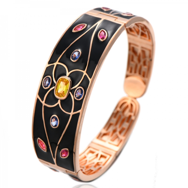Cushion And Oval Shape Morganite Nano Rose Gold Plating Silver Bangle With Green Enamel 