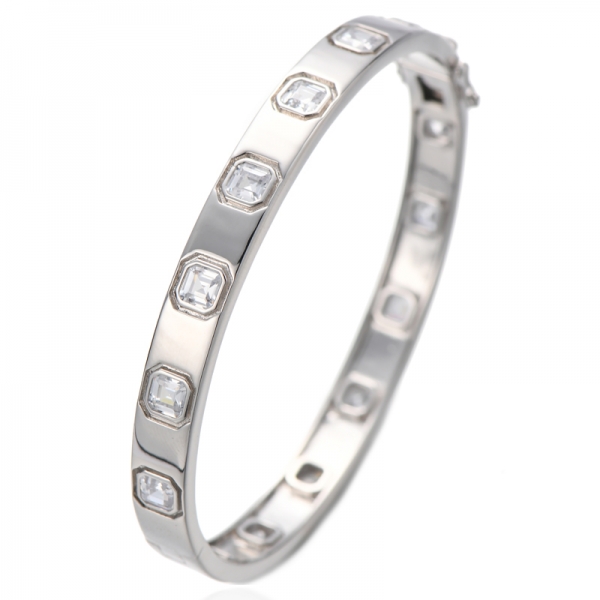 Asscher Pink Cubic Zircon Rhodium Silver Bangle 