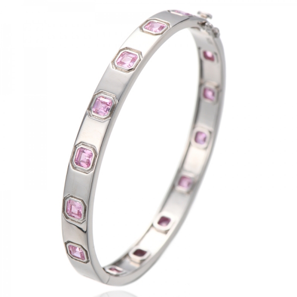 Asscher Pink Cubic Zircon Rhodium Silver Bangle 