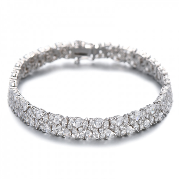 Marquise Green Nano And Round White Cubic Zircon Rhodium Silver Bracelet 