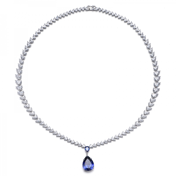 Pear Shape Diamond G And White Cubic Zircon Rhodium Silver Necklace 
