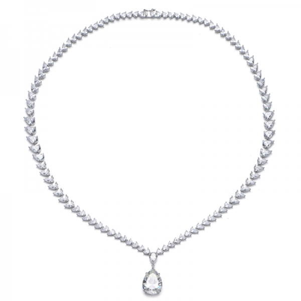 Pear Shape Diamond G And White Cubic Zircon Rhodium Silver Necklace 