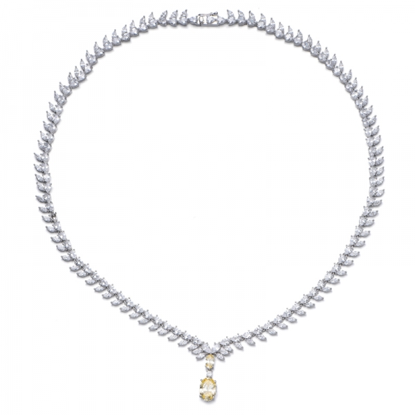 Oval Shape Diamond Yellow And Marquise White Cubic Zircon Rhodium Silver Necklace 