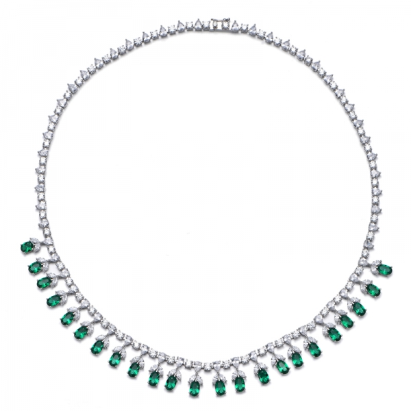 Oval Shape Green Nano And Marquise White Cubic Zircon Rhodium Silver Necklace 