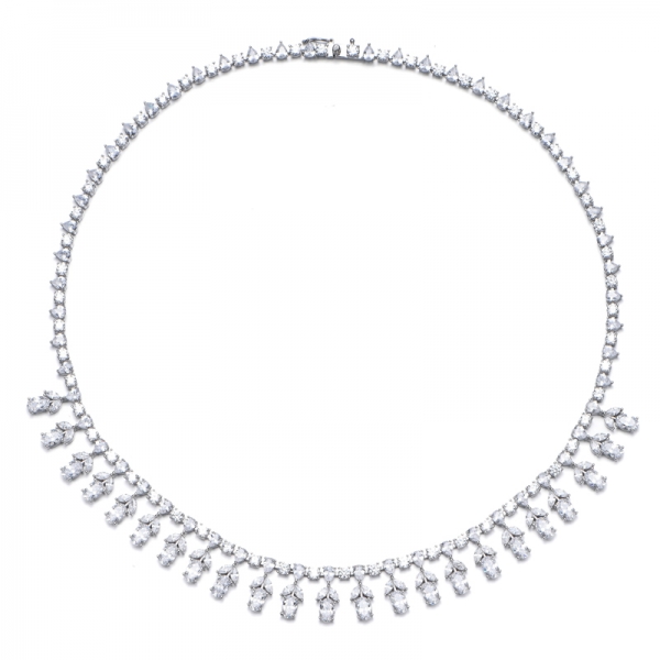 Oval Shape Green Nano And Marquise White Cubic Zircon Rhodium Silver Necklace 