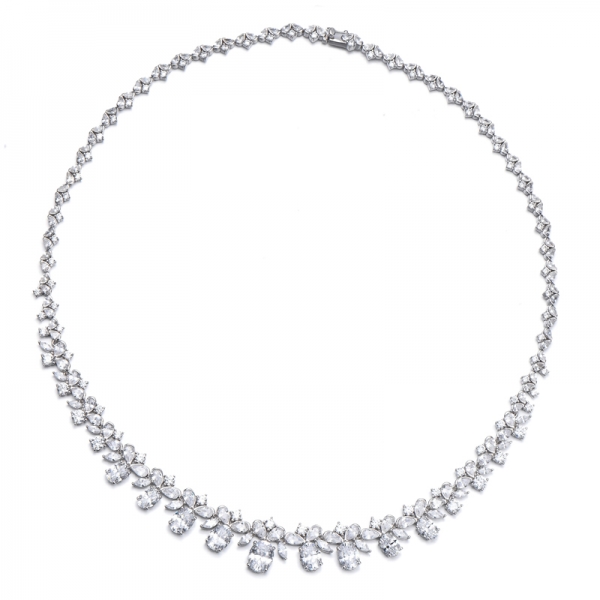 Oval Shape And Round Diamond Pink Cubic Zircon Rhodium Silver Necklace 