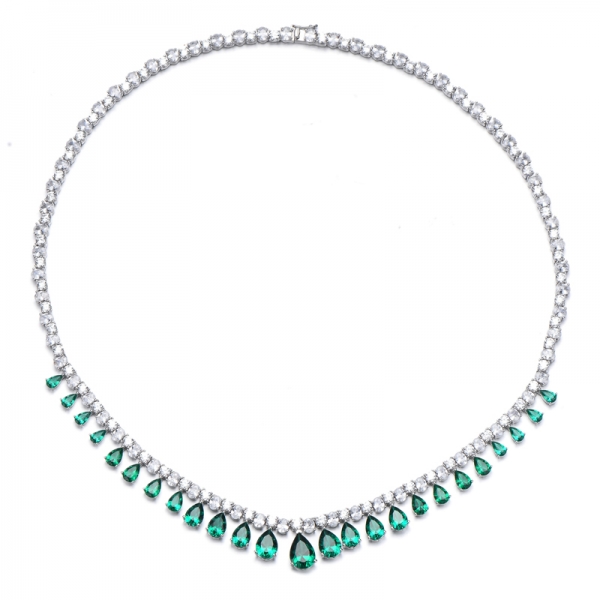 Pear Shape Green Nano And Oval Shape White Cubic Zircon Rhodium Silver Necklace 