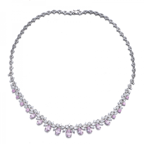 Oval Shape And Round Diamond Pink Cubic Zircon Rhodium Silver Necklace 