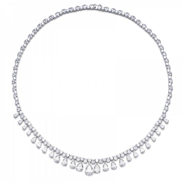 Pear Shape Green Nano And Oval Shape White Cubic Zircon Rhodium Silver Necklace 