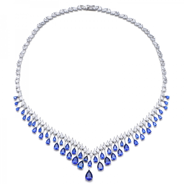 Pear Shape Blue Nano And Marquise White Cubic Zircon Rhodium Silver Necklace 