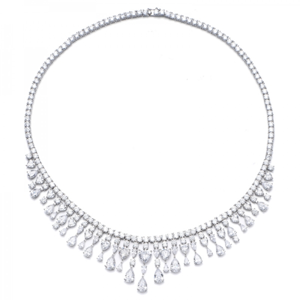 Pear Shape Blue Nano And Marquise White Cubic Zircon Rhodium Silver Necklace 