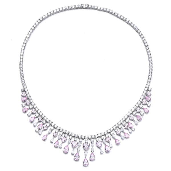 Heart Shape And Pear Shape Diamond Pink Cubic Zircon Rhodium Silver Necklace 