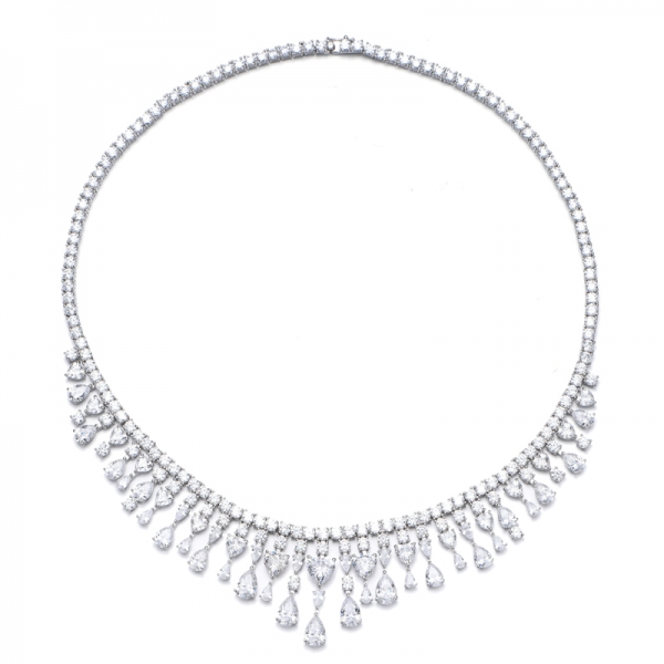 Heart Shape And Pear Shape Diamond Pink Cubic Zircon Rhodium Silver Necklace 