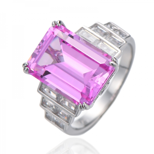 Octagon Diamond Pink CZ And Baguette White Cubic Zircon Rhodium Silver Ring 