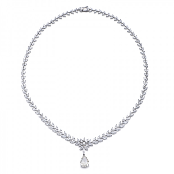 Pear Shape Ruby Corundum And Marquise White Cubic Zircon Rhodium Silver Necklace 