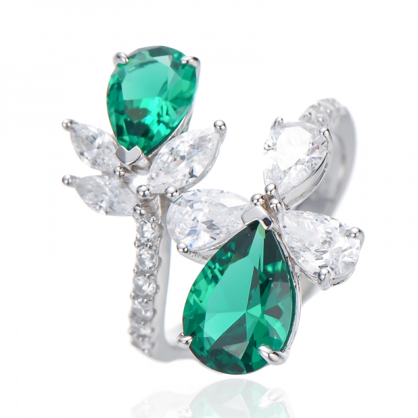 Pear Shape Green Nano And Marquise White Cubic Zircon Rhodium Silver Ring 