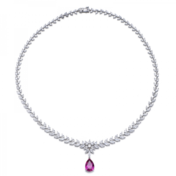 Pear Shape Ruby Corundum And Marquise White Cubic Zircon Rhodium Silver Necklace 