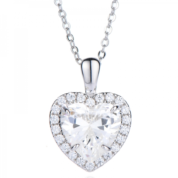 Heart Shape Pink And Round White Cubic Zircon Rhodium Silver Pendant 