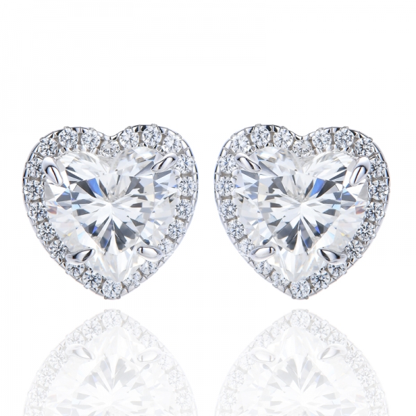 Heart Shape Pink And Round White Cubic Zircon Rhodium Silver Earring 