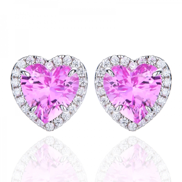 Heart Shape Pink And Round White Cubic Zircon Rhodium Silver Earring 