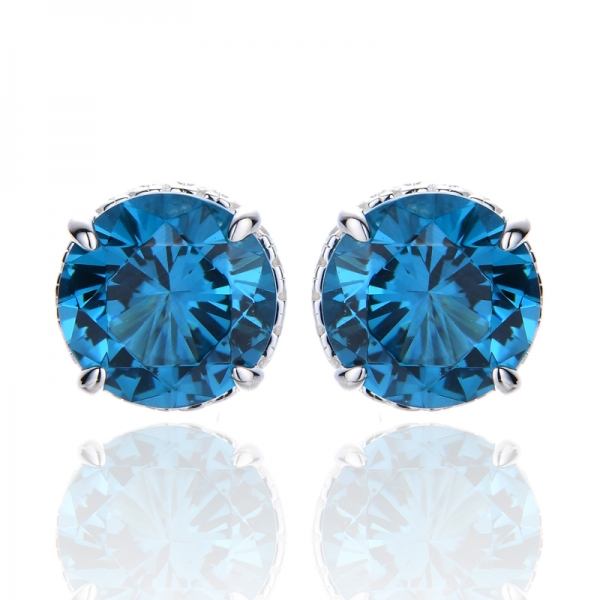 Round London Blue And White Cubic Zircon Rhodium Silver Earring 