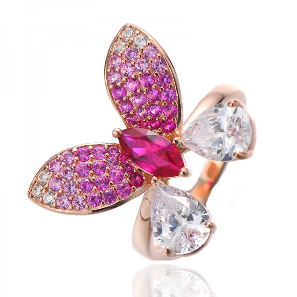 Marquise And Round Ruby Corundum Silver Ring With Rose Glod Plating 