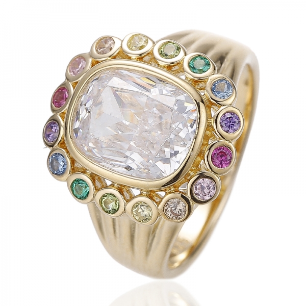 Cushion White And Round Rainbow Cubic Zirconia Silver Ring With Gold Plating 