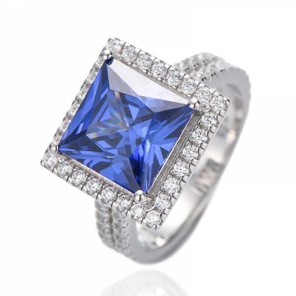 Square Diamond G And Round White Cubic Zircon Rhodium Plating Silver Ring 