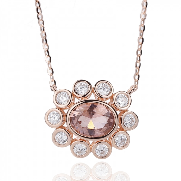 Oval Shape Morganite Nano And Round White Cubic Zircon Silver Necklace With Rose Gold Plating 