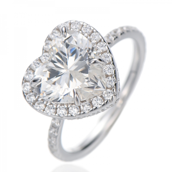 Heart Shape Pink And Round White Cubic Zircon Rhodium Plating Silver Ring 