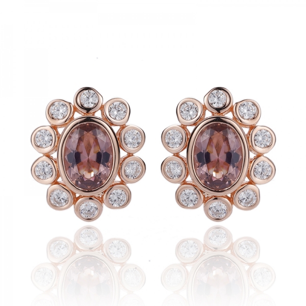 Oval Shape Morganite Nano And Round White Cubic Zircon Silver Earring With Rose Glod Plating 