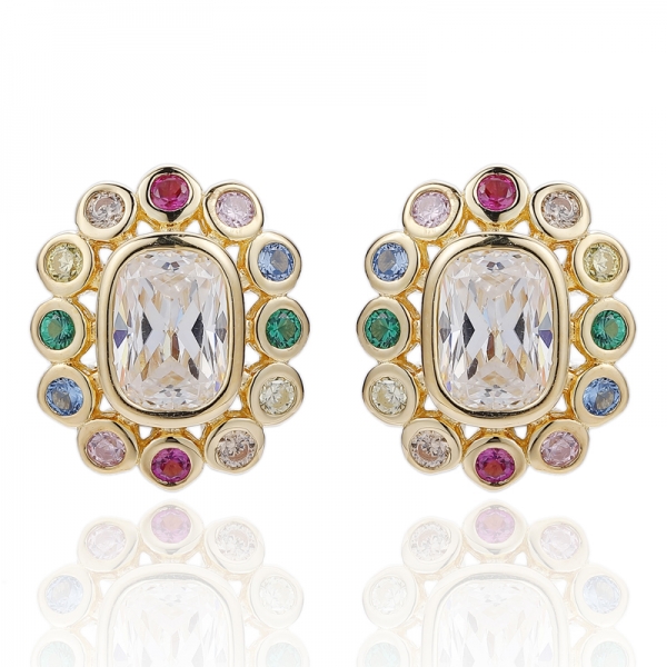 Cushion White And Round Rainbow Cubic Zircon Silver Earring With Glod Plating 