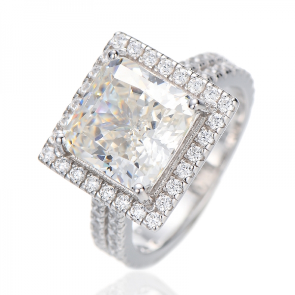 Square Diamond G And Round White Cubic Zircon Rhodium Plating Silver Ring 
