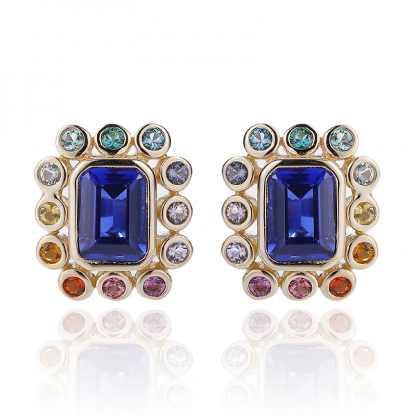 Emerald Blue Nano And Round Rainbow Cubic Zircon Silver Earring With Glod Plating 