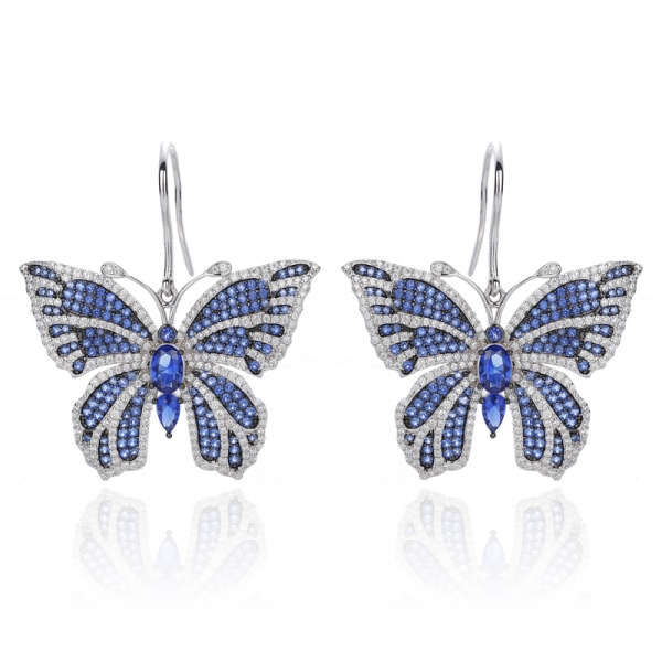 Oval Shape Blue Nano And Round White Cubic Zircon Silver Earring With Rhodium And Black Gold Plating 