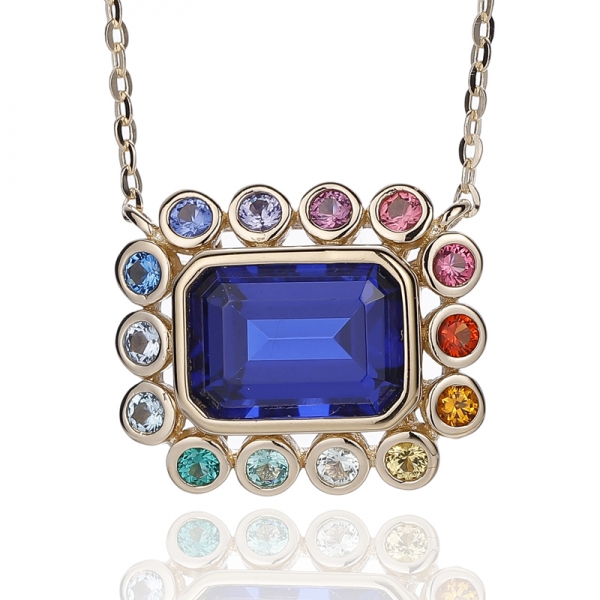 Emerald Blue Nano And Round Rainbow Cubic Zircon Silver Necklace With Glod Plating 