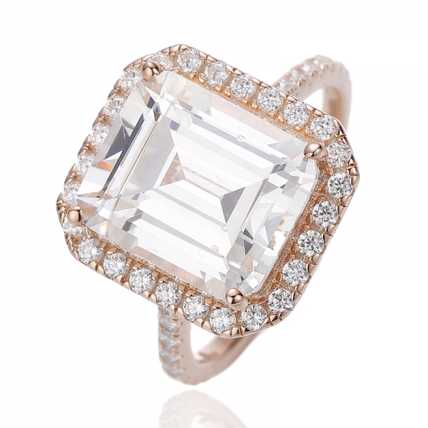 Emerald Diamond Pink And Round White Cubic Zircon Rhodium Silver Ring 