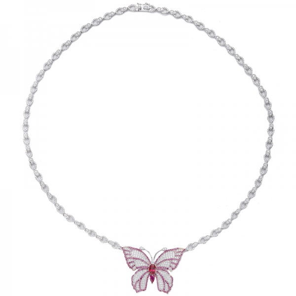 Oval Shape Blue Nano And Round White Cubic Zircon Silver Necklace With Rhodium And Black Gold Plating 