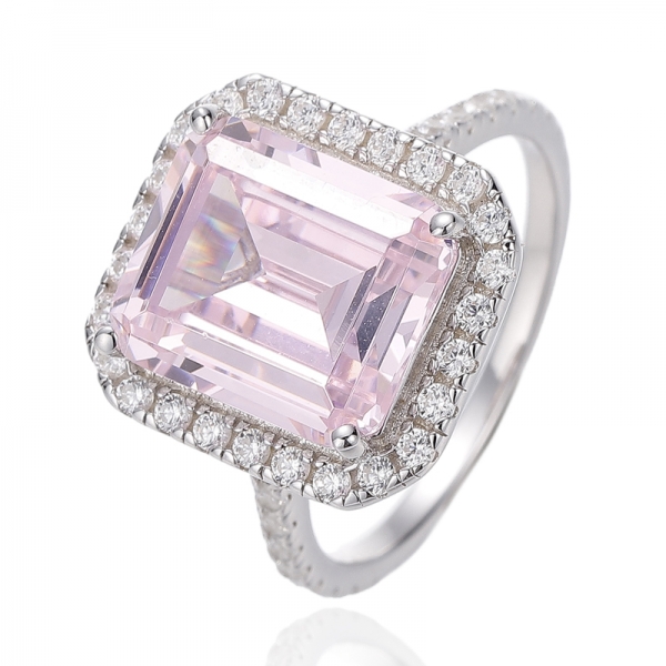 Emerald Diamond Pink And Round White Cubic Zircon Rhodium Silver Ring 