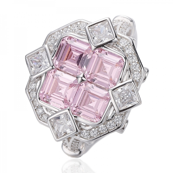 Asscher Pink And Square White Cubic Zircon Rhodium Silver Ring 