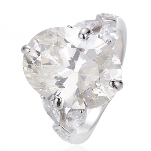 Oval Shape Diamond G And Marquise White Cubic Zircon Rhodium Silver Ring 