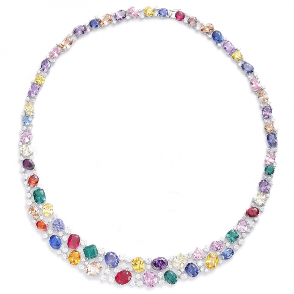 Oval Shape And Cushion Tanzanite Cubic Zircon Rhodium Silver Necklace 